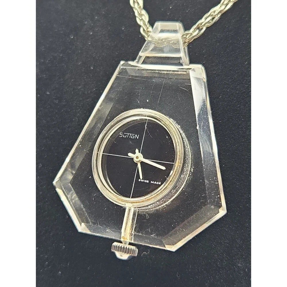 Vintage Sutton Swiss Manual Wind Lucite Plexiglass Pendant Watch MCM 1 Jewel 70s
